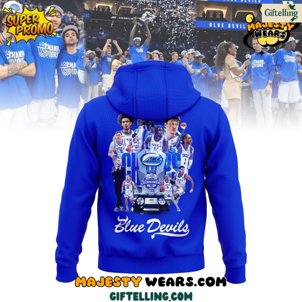The ACC Tournament Champions design of this Duke Blue Devils 2025 ACC Men's Basketball Conference Hoodie showcases tournament trophy imagery alongside Blue Devils team identity