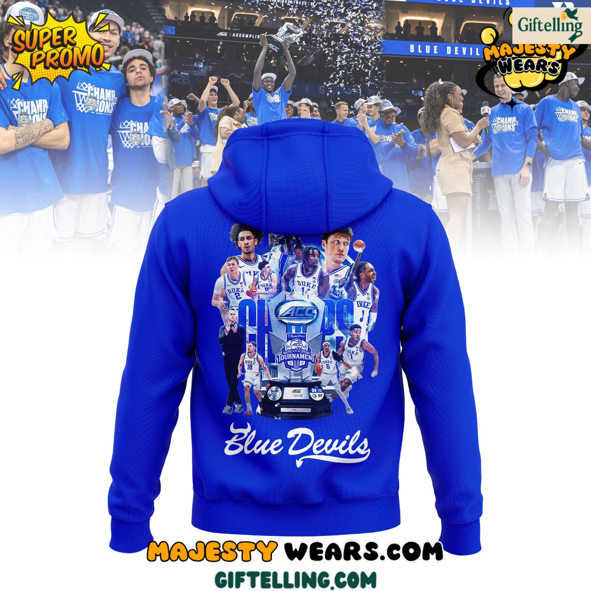 Duke Blue Devils 2025 ACC Men’s Basketball Conference Tournament Champions Hoodie 3 The ACC Tournament Champions design of this Duke Blue Devils 2025 ACC Men's Basketball Conference Hoodie showcases tournament trophy imagery alongside Blue Devils team identity