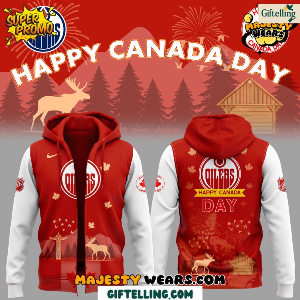 The Edmonton Oilers Happy Canada Day 2025 Zip Hoodie celebrates Canadian national pride and hockey heritage