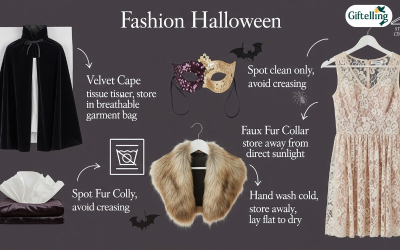 Fashion Halloween costumes care guide showing proper storage methods and maintenance tips for various fabric types