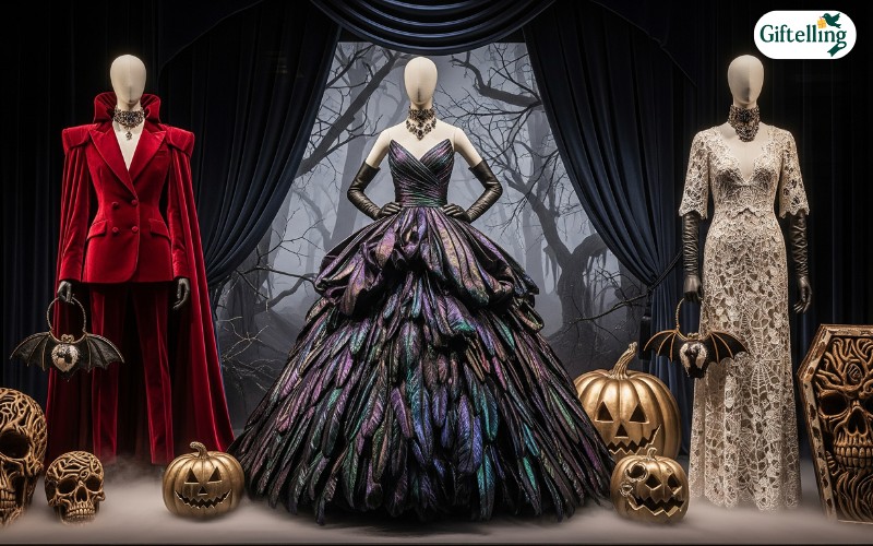 High-end fashion retailer display featuring Halloween-appropriate luxury pieces with dramatic silhouettes and rich textures