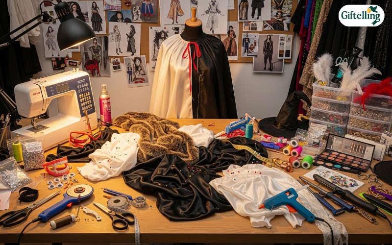 DIY fashion Halloween costume creation workspace showing fabric modifications, accessories, and styling tools
