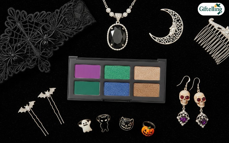 Fashion Halloween costume styling setup showing coordinated makeup palette, hair accessories, and jewelry options
