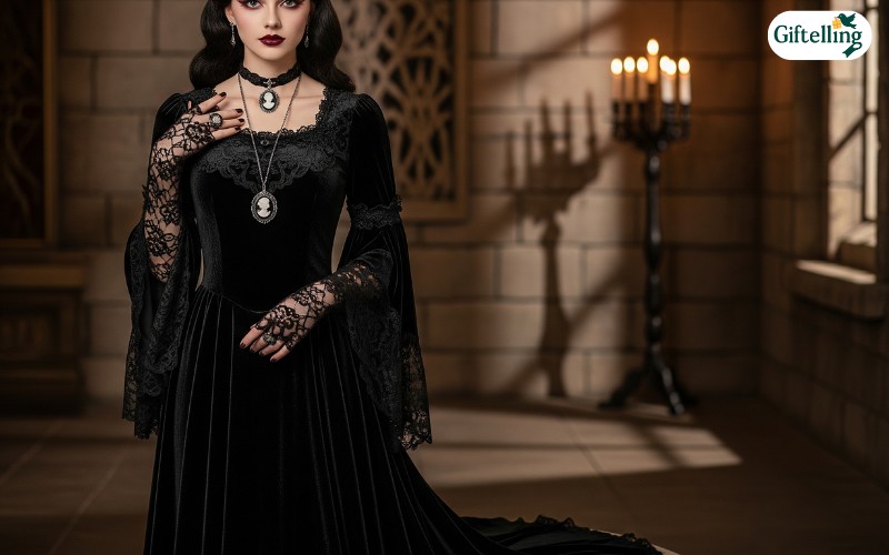 Elegant gothic fashion Halloween costume featuring black velvet dress with lace details and vintage accessories
