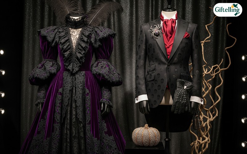 Premium fashion retailer display featuring Halloween-appropriate luxury pieces with dramatic silhouettes and rich textures