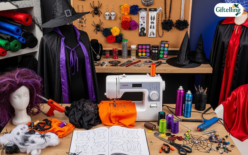 DIY fashion Halloween outfit creation workspace showing fabric modifications, styling tools, and accessory options