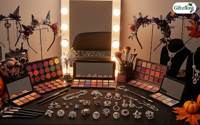 Fashion Halloween outfit styling station showing coordinated makeup palette, hair accessories, and jewelry collection