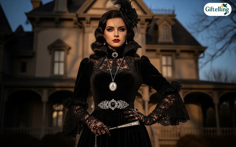 Elegant gothic fashion Halloween outfit featuring black velvet dress with lace details and vintage-inspired accessories