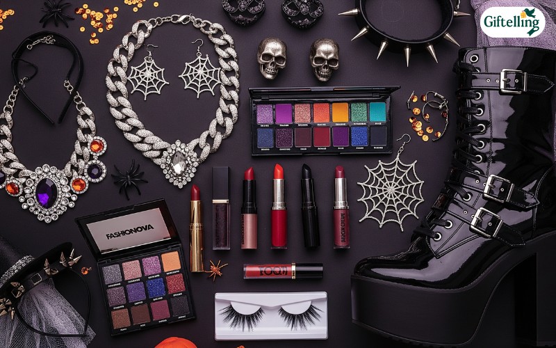 Fashion Nova Halloween costume styling accessories including statement jewelry, platform boots, and bold makeup elements