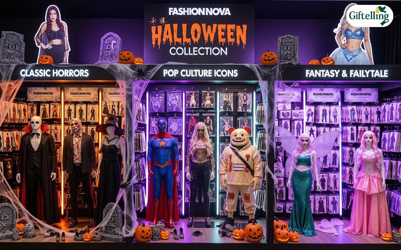 Fashion Nova official Halloween collection display showing various costume categories and trending designs