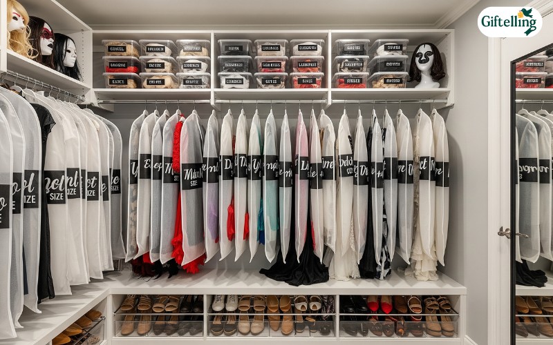 Proper storage setup for Fashion Nova Halloween costumes showing organized closet with protective garment covers