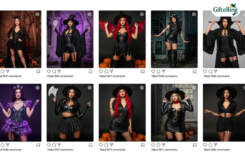 Social media feed showing various Fashion Nova Halloween costume posts with creative styling and photography