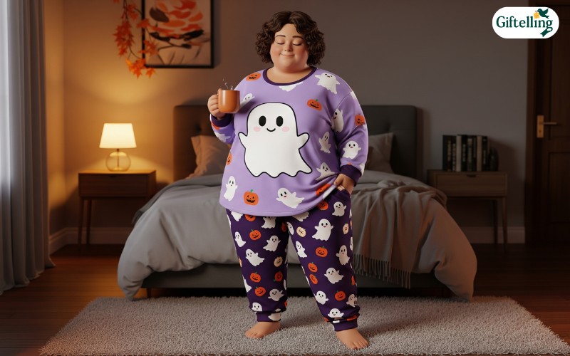 Cute Halloween character pajama set featuring ghost and pumpkin prints in trendy oversized silhouettes