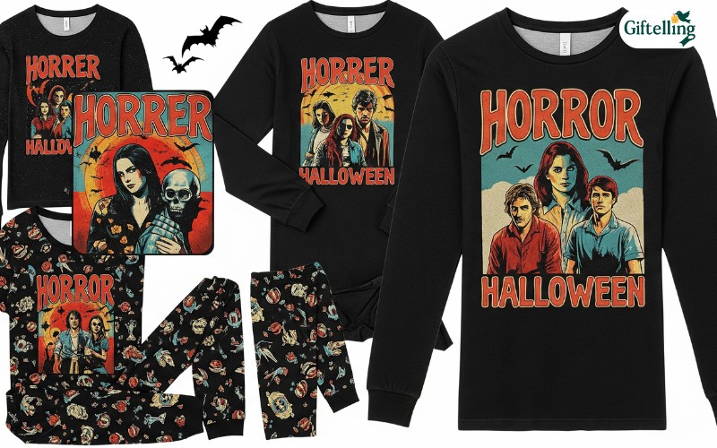 Retro horror movie inspired Halloween pajamas with vintage graphics and nostalgic color schemes