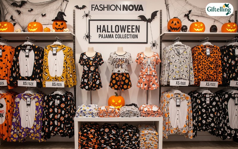 Fashion Nova official Halloween pajama collection display showing various styles and sizing options