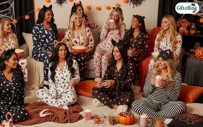 Fashion Nova Halloween pajamas styled for pajama party with cozy accessories and themed decorations
