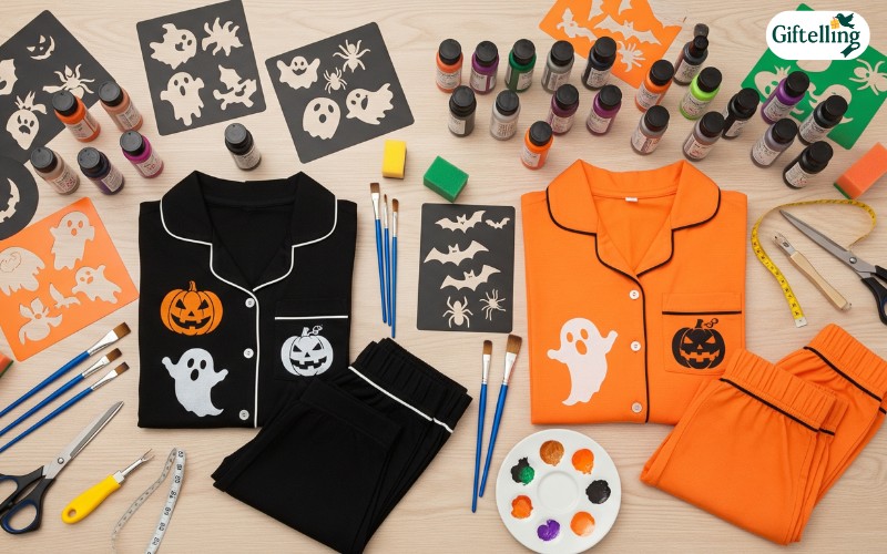 DIY Halloween pajama customization workspace showing fabric paints, stencils, and basic pajama sets