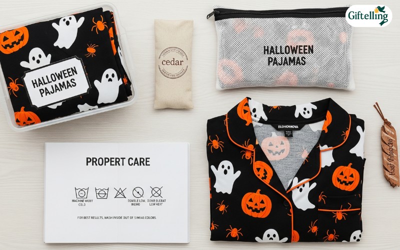 Proper care setup for Fashion Nova Halloween pajamas showing washing instructions and storage solutions