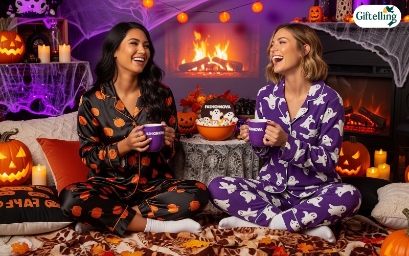 Halloween pajama party setup featuring Fashion Nova sets with cozy decorations and festive atmosphere