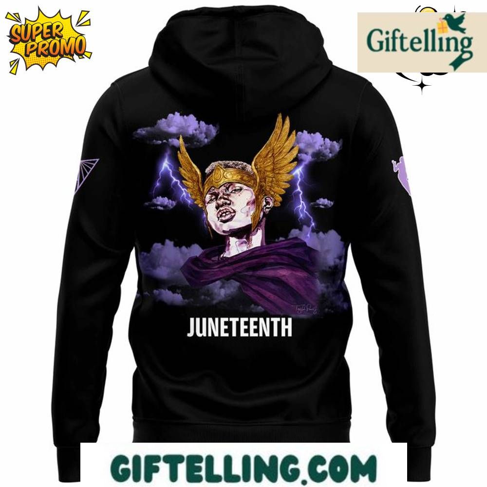 The special edition graphics of this Golden State Valkyries Juneteenth Hoodie incorporate freedom celebration themes with Valkyries team identity