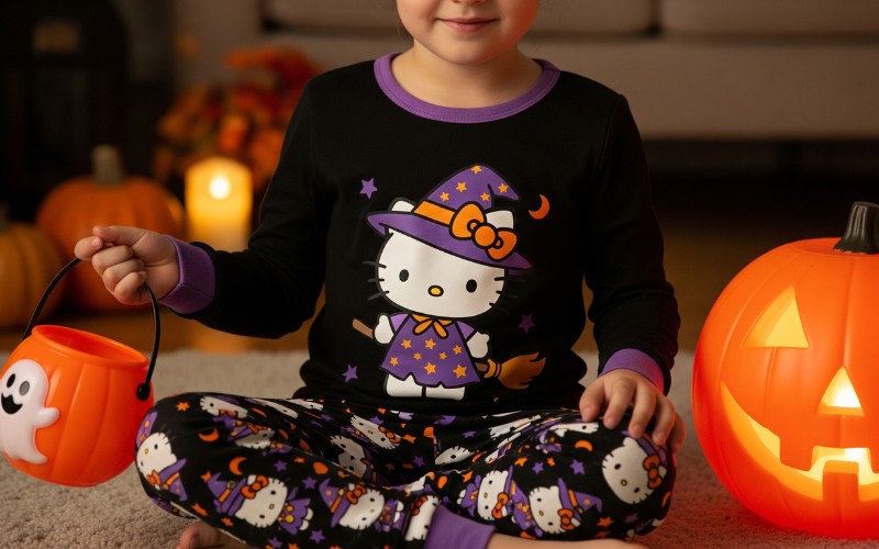 Classic Hello Kitty Halloween pajamas showing the iconic character dressed as a cute witch in purple robes