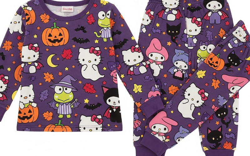 Adorable Halloween Hello Kitty pajamas featuring Sanrio characters in spooky costume designs and autumn themes