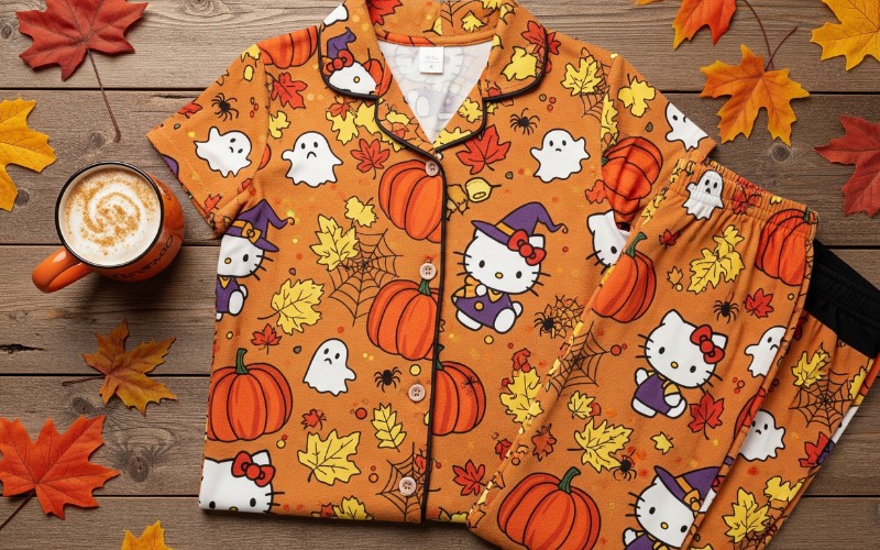 Seasonal Hello Kitty Halloween pajamas featuring autumn harvest themes with pumpkins and falling leaves