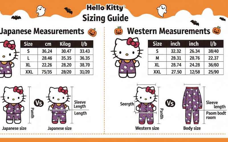 Hello Kitty Halloween pajamas sizing guide showing Japanese versus Western measurements and fit comparisons