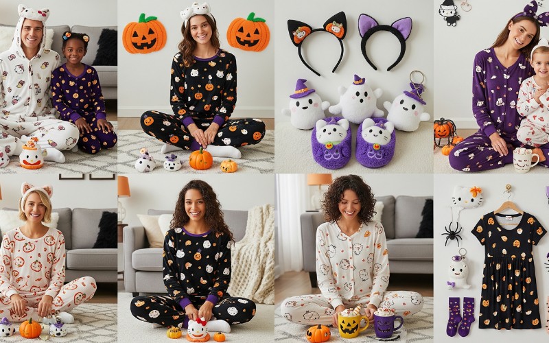 Hello Kitty Halloween pajamas styling examples showing kawaii accessories and seasonal coordination techniques