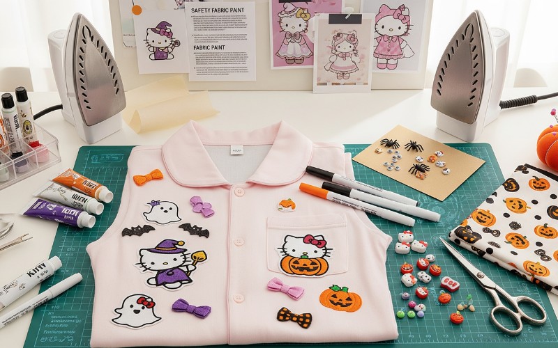 DIY Hello Kitty Halloween pajamas customization workspace showing safe personalization techniques and kawaii accessories