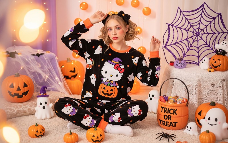  Hello Kitty Halloween pajamas photography session showing kawaii styling and seasonal prop coordination