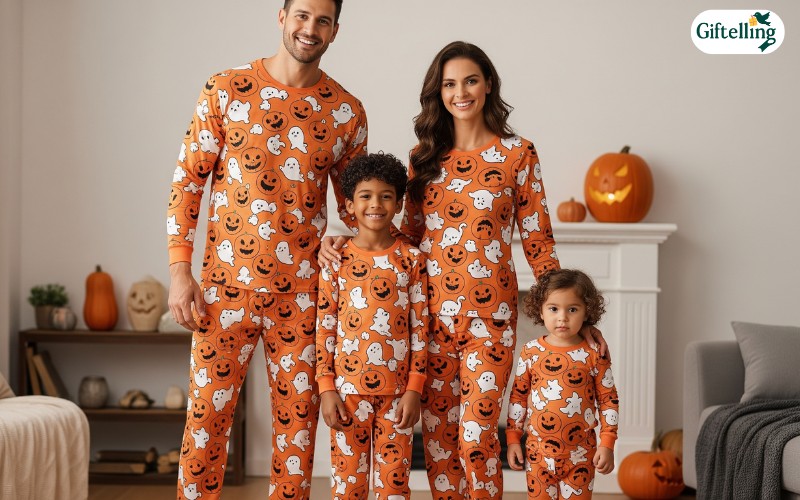 Classic Halloween family pajamas showing progressive sizing with matching pumpkin and ghost designs for all ages