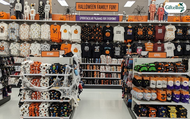 Major retailer family pajama section displaying comprehensive Halloween collections with various themes and sizes