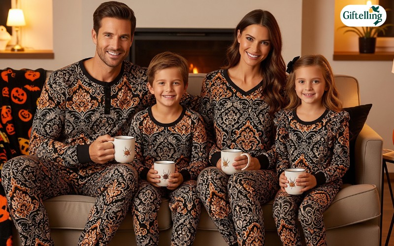 Sophisticated Halloween family pajamas featuring coordinated patterns and seasonal color schemes in orange and black