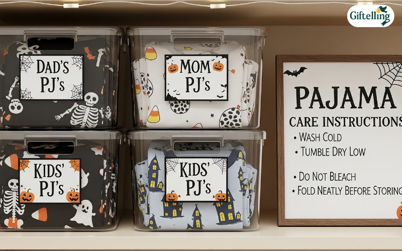 Halloween family pajamas storage organization system showing labeled containers and proper care instructions