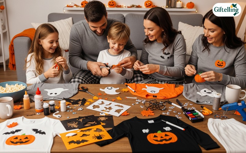 Family DIY Halloween pajama crafting session showing parents and children working together on customization projects