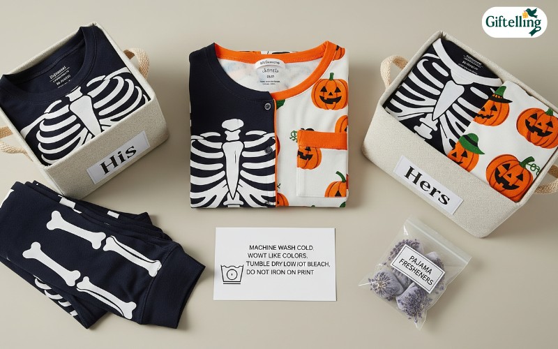 Proper care setup for Halloween couples pajamas showing washing instructions and storage solutions