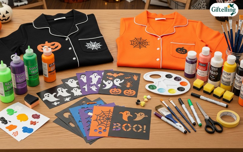 DIY Halloween couples pajamas workspace showing fabric paints, stencils, and basic pajama sets ready for customization