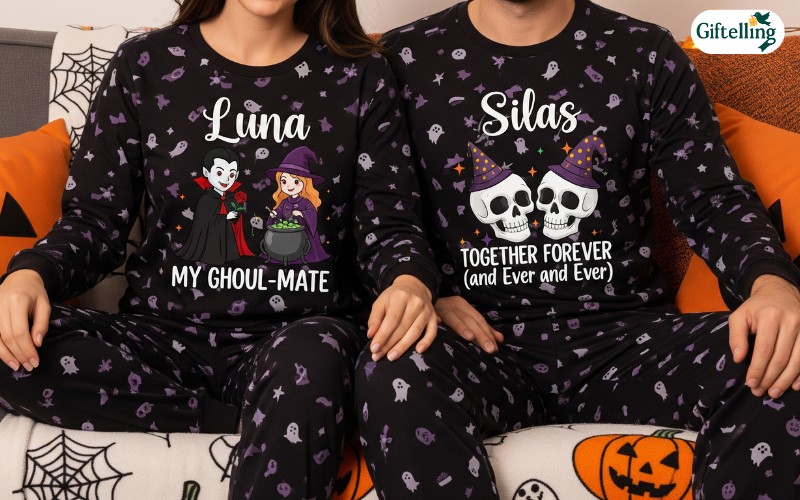 Custom Halloween couples pajamas showing personalized names and unique graphics designed for specific relationships