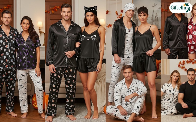 Halloween couples pajamas showing different cuts and styles that coordinate while accommodating individual preferences