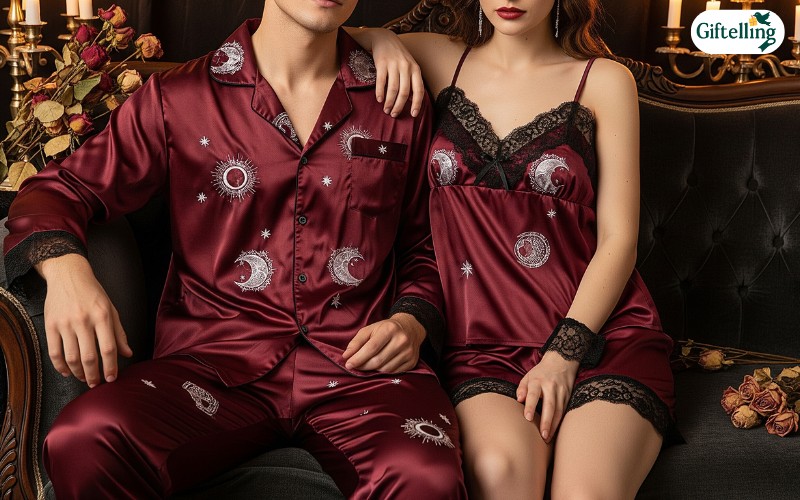 Elegant gothic romance Halloween couples pajamas in deep burgundy with celestial motifs and luxurious fabrics