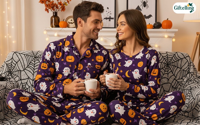 Cute Halloween pajamas couples wearing matching spooky themed sleepwear sets with coordinated designs