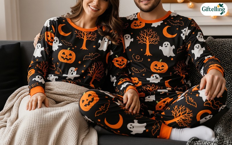 Classic Halloween couples pajamas featuring traditional spooky symbols in matching orange and black color schemes