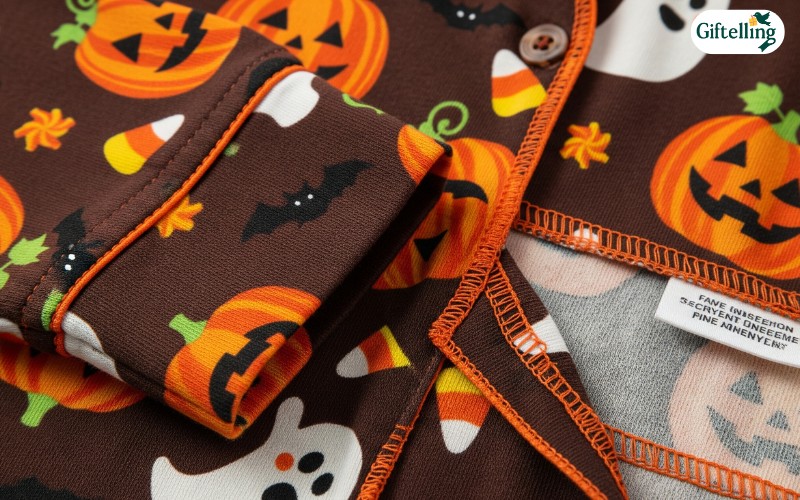 Close-up quality assessment of Halloween pajamas showing fabric texture, stitching details, and print quality