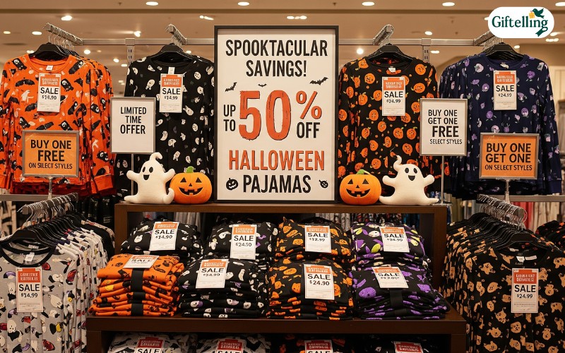 Store promotional display showing Halloween pajamas sale prices with discount tags and special offer signage