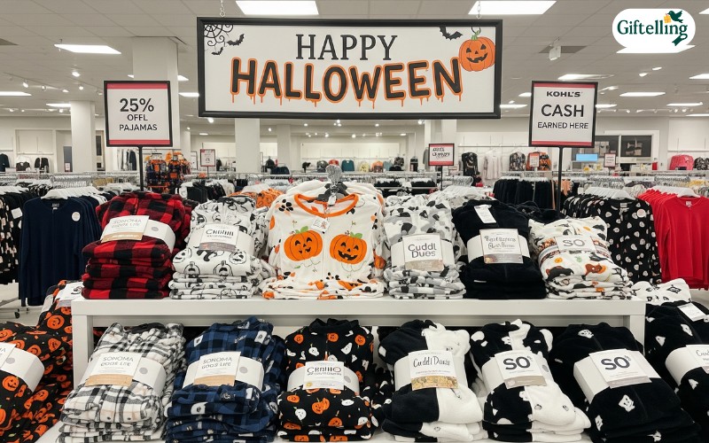 Kohls department store Halloween pajamas near me display featuring name brand options and promotional signage