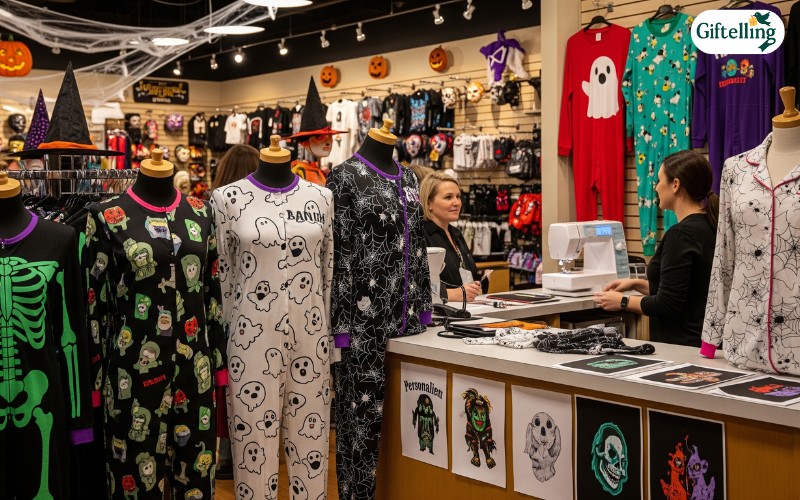 Local costume shop interior showing unique Halloween pajamas display with specialty designs and personalized service area