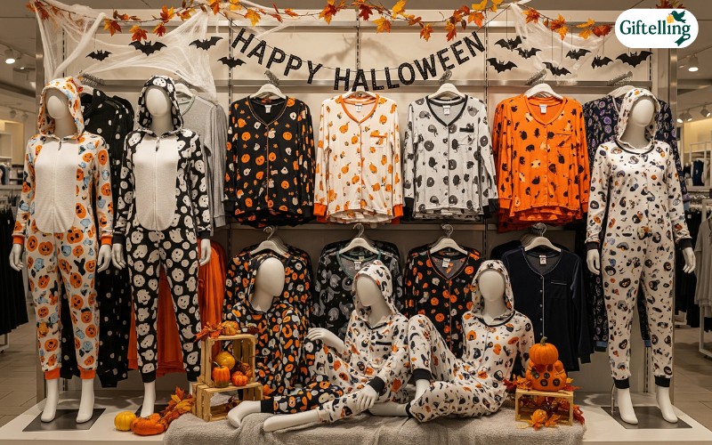 Local retail store display showing Halloween pajamas collection with seasonal decorations and various style options