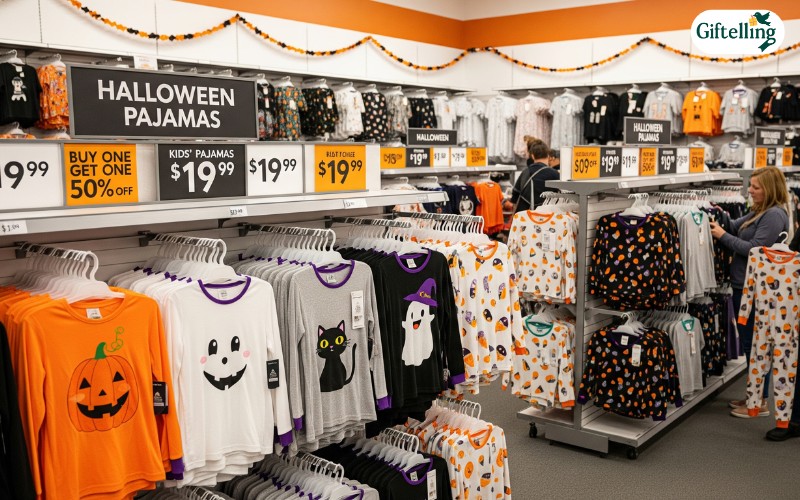 Target store Halloween pajamas section showing organized displays of various styles and sizes with clear pricing