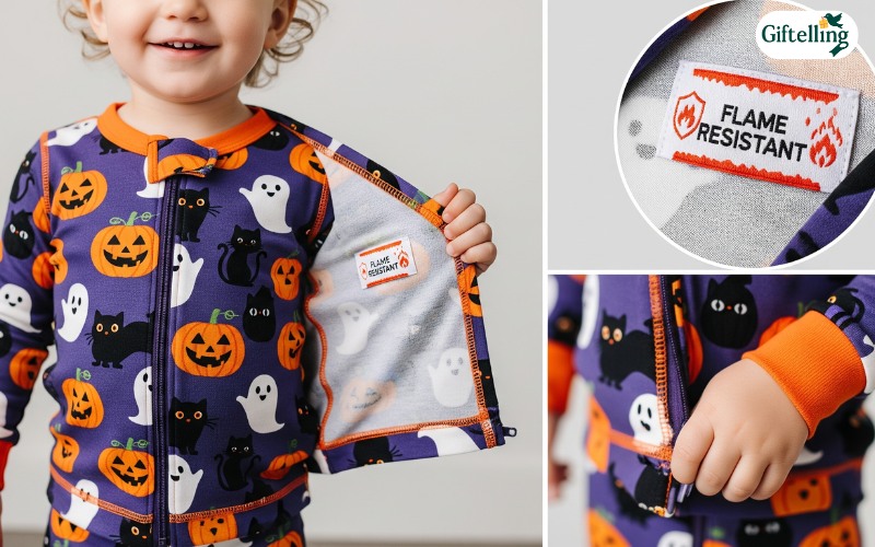 Safety features in Halloween pajamas toddler showing flame-resistant labels and secure construction details